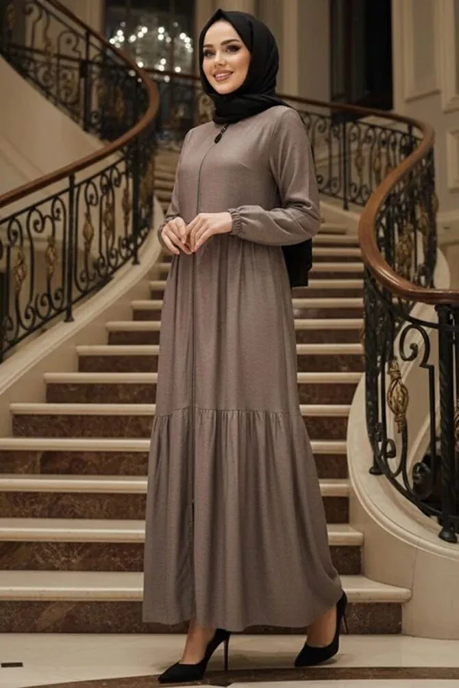 Layered Pleated Biscuit Modest Abaya 45310BS - 1