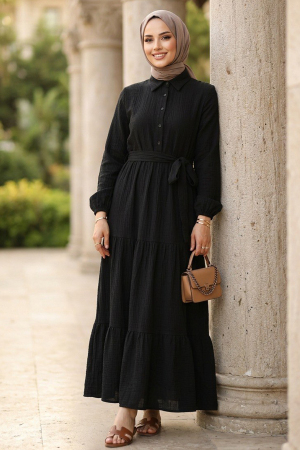 Layered Pleated Black Modest Dress 27624S - 1