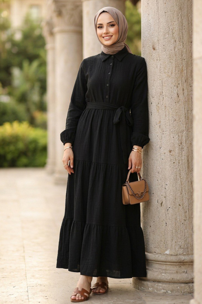 Layered Pleated Black Modest Dress 27624S - 1
