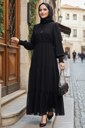 Layered Pleated Black Modest Dress 6268S 
