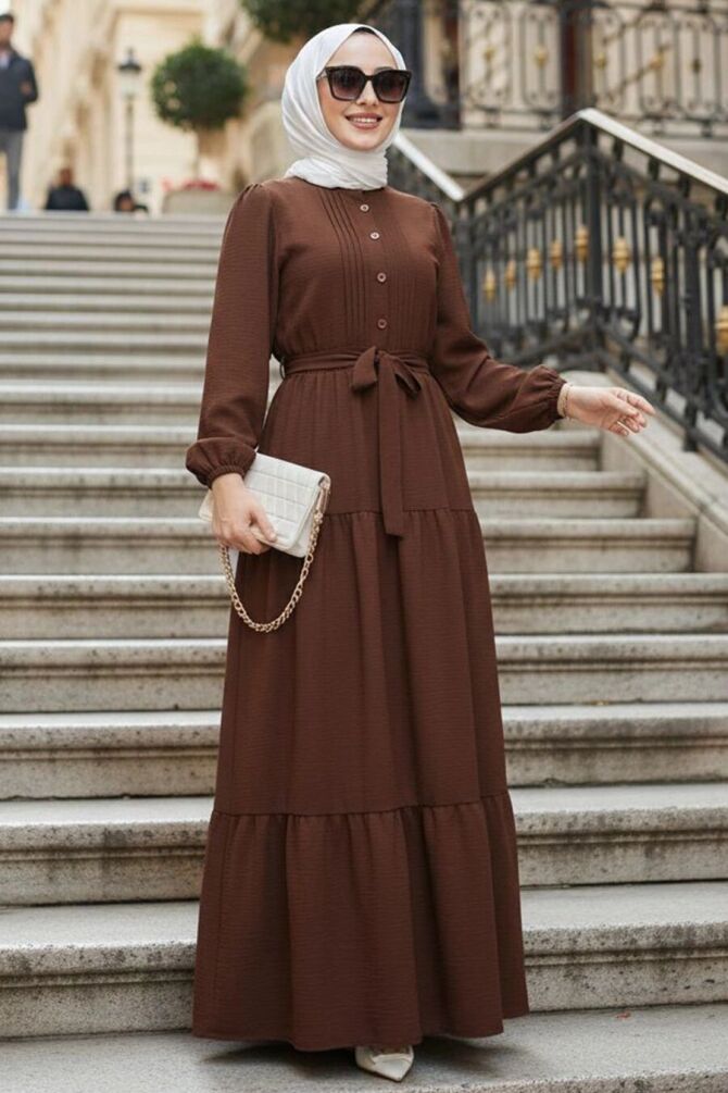 Layered Pleated Brown Modest Dress 20207KH - 1