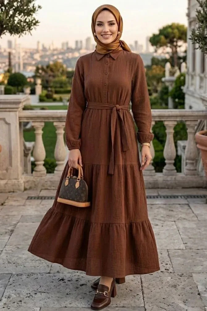Layered Pleated Brown Modest Dress 27624KH - 1