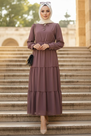 Layered Pleated Brown Modest Dress 6268KH 