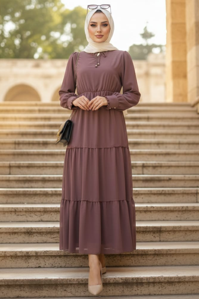 Layered Pleated Brown Modest Dress 6268KH - 1