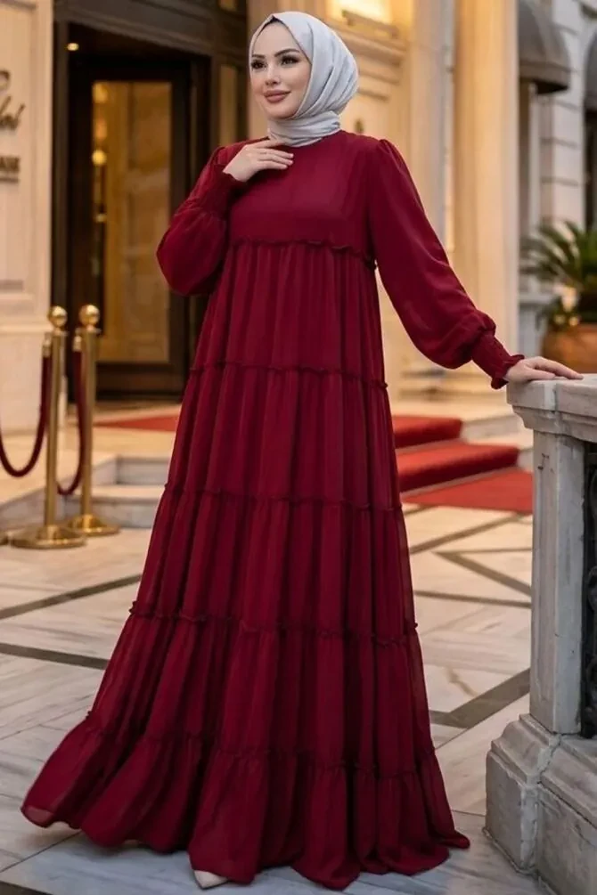 Layered Pleated Burgundy Modest Dress 87502BR - 1