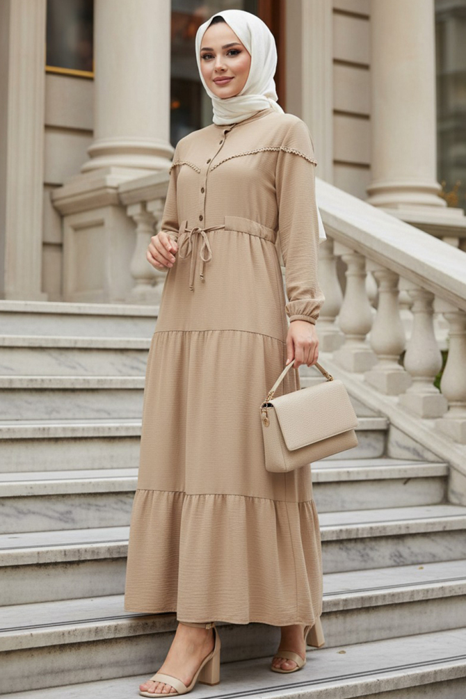 Layered Pleated Camel Modest Dress 10334C - 1