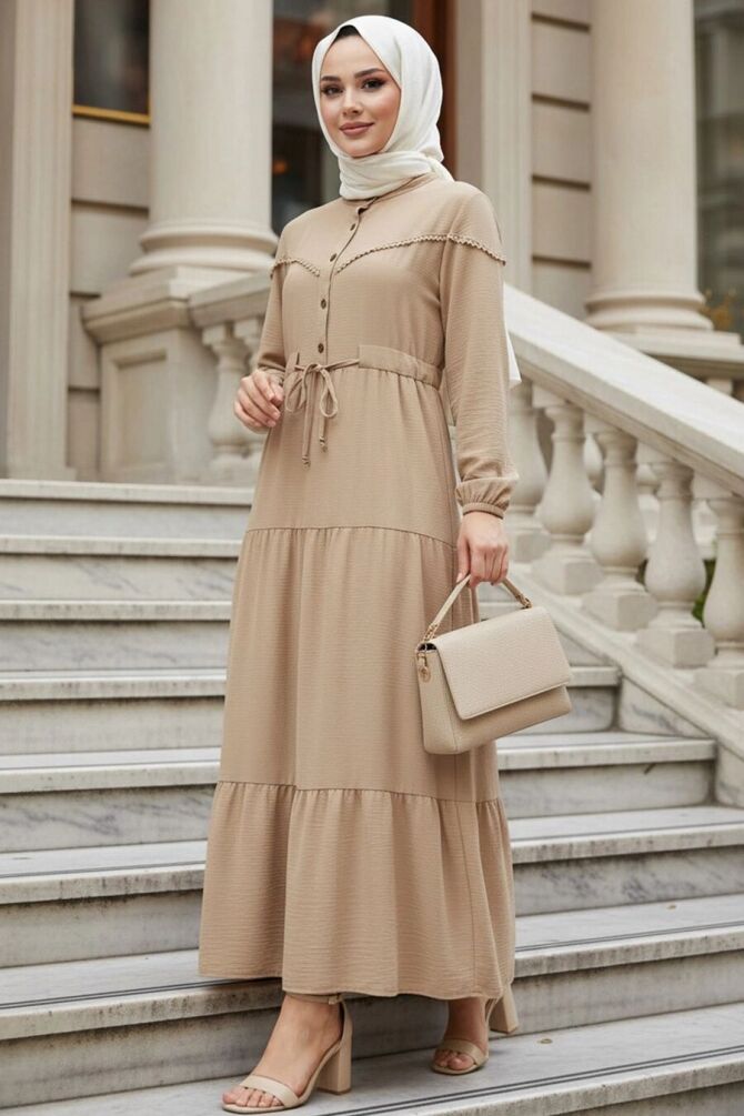 Layered Pleated Camel Modest Dress 10334C - 1