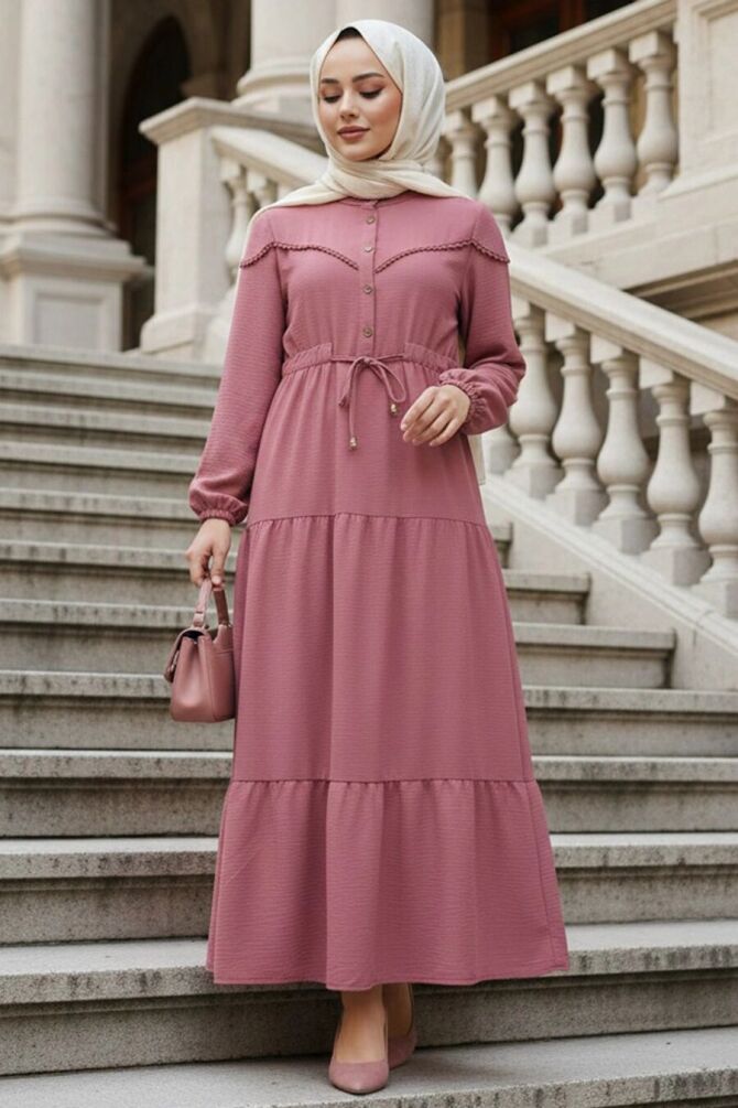 Layered Pleated Dusty Rose Modest Dress 10334GK - 1