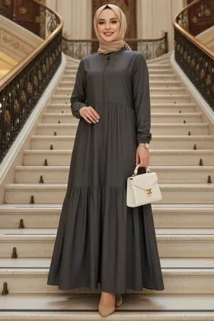 Layered Pleated Gray Modest Abaya 45310GR - 1