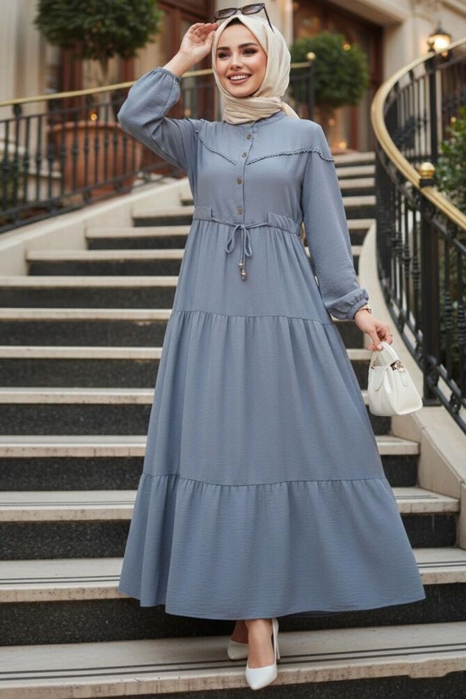 Layered Pleated Gray Modest Dress 10334GR - 1