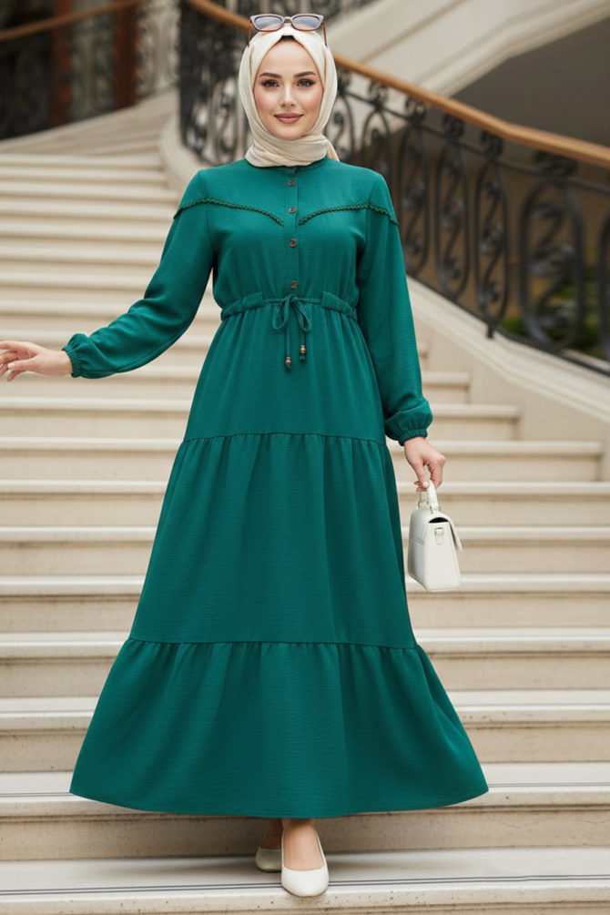 Layered Pleated Green Modest Dress 10334Y - 1
