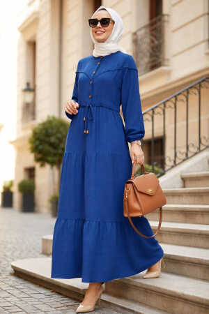 Layered Pleated Indigo Blue Modest Dress 10334IM 