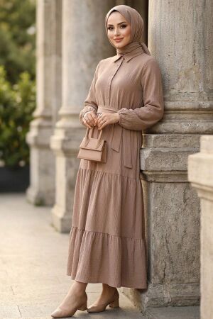 Layered Pleated Koyu Beige Modest Dress 27624KBEJ - 1