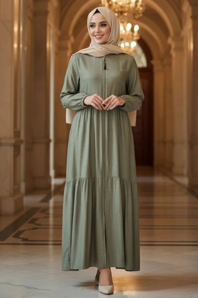 Layered Pleated Koyu Mint Modest Abaya 45310KMINT - 1