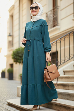 Layered Pleated Koyu Petrol Green Modest Dress 10334KPY 