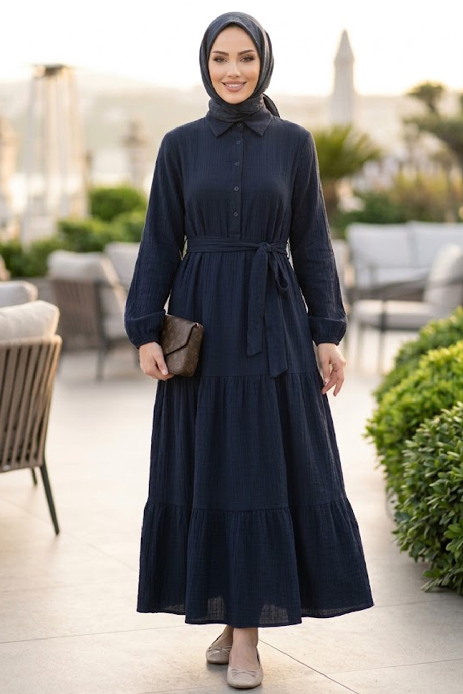 blue modest dresses Layered Pleated Navy Dress 27624L GL-07.08.26 open back wedding guest COLOR:Morela quality chiffon
