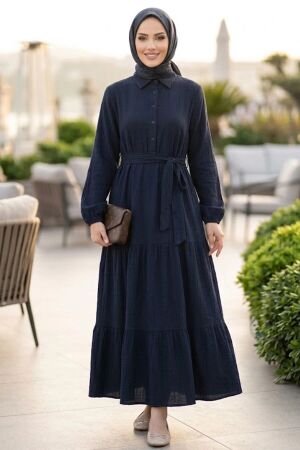 Layered Pleated Navy Blue Modest Dress 27624L 
