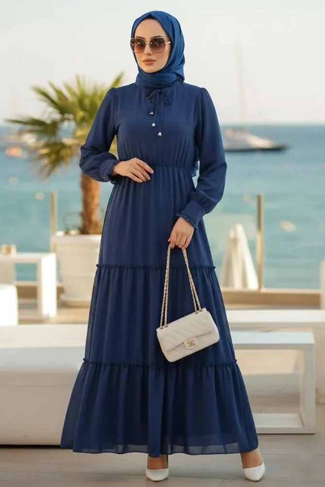 Layered Pleated Navy Blue Modest Dress 6268L - 1