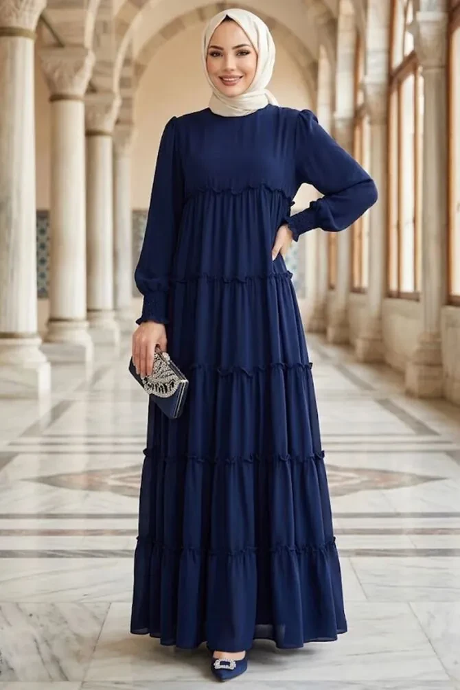 Layered Pleated Navy Blue Modest Dress 87502L - 1