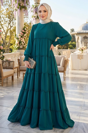 Layered Pleated Petrol Green Modest Dress 87502PY - 1
