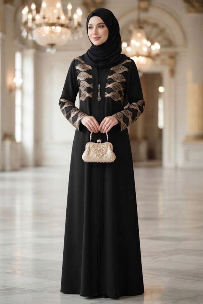 Leaf Embroidery-Detail Belted Black Beige Modest Abaya 29145SBEJ - 1