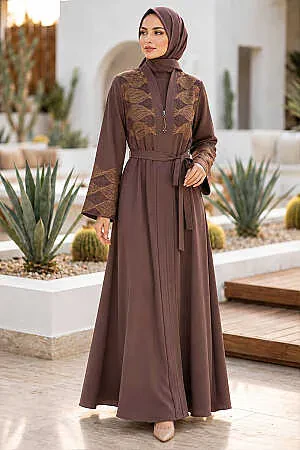 Leaf Embroidery-Detail Belted Dusty Rose Modest Abaya 29145GK 