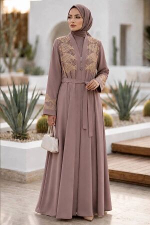 Leaf Embroidery-Detail Belted Light Brown Modest Abaya 29145AKH 