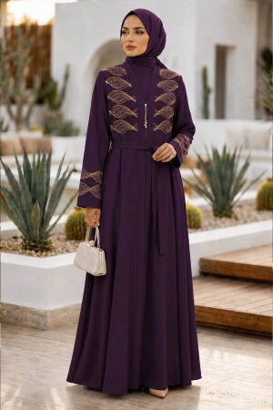 Leaf Embroidery-Detail Belted Purple Modest Abaya 29145MOR 