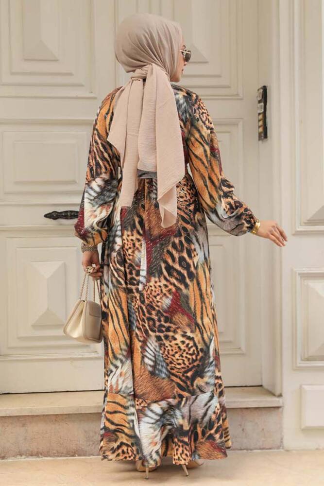 Leopar Desenli Bordo Tesettür Elbise 25582BR - 2