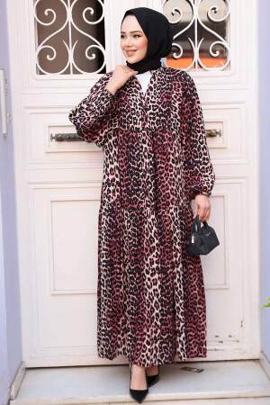 Leopar Desenli Bordo Tesettür Elbise 52942BR - 2