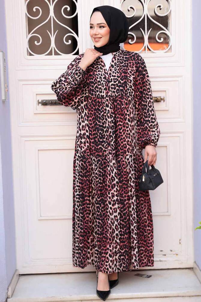 Leopar Desenli Bordo Tesettür Elbise 52942BR - 2