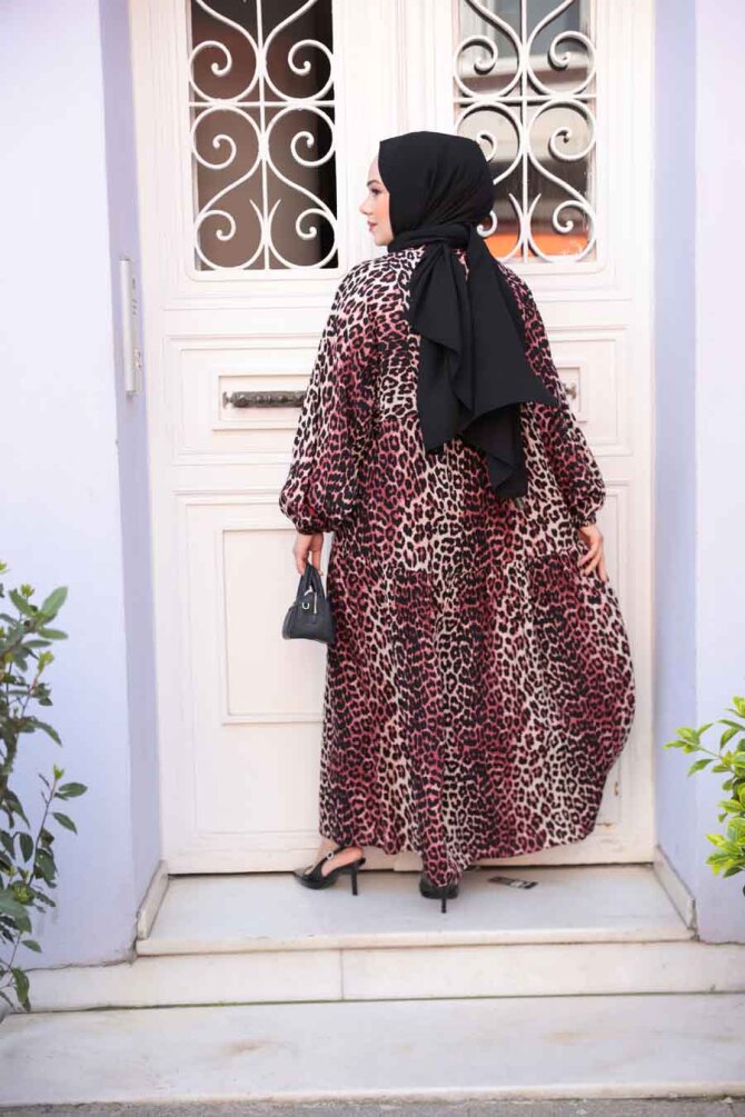 Leopar Desenli Bordo Tesettür Elbise 52942BR - 3