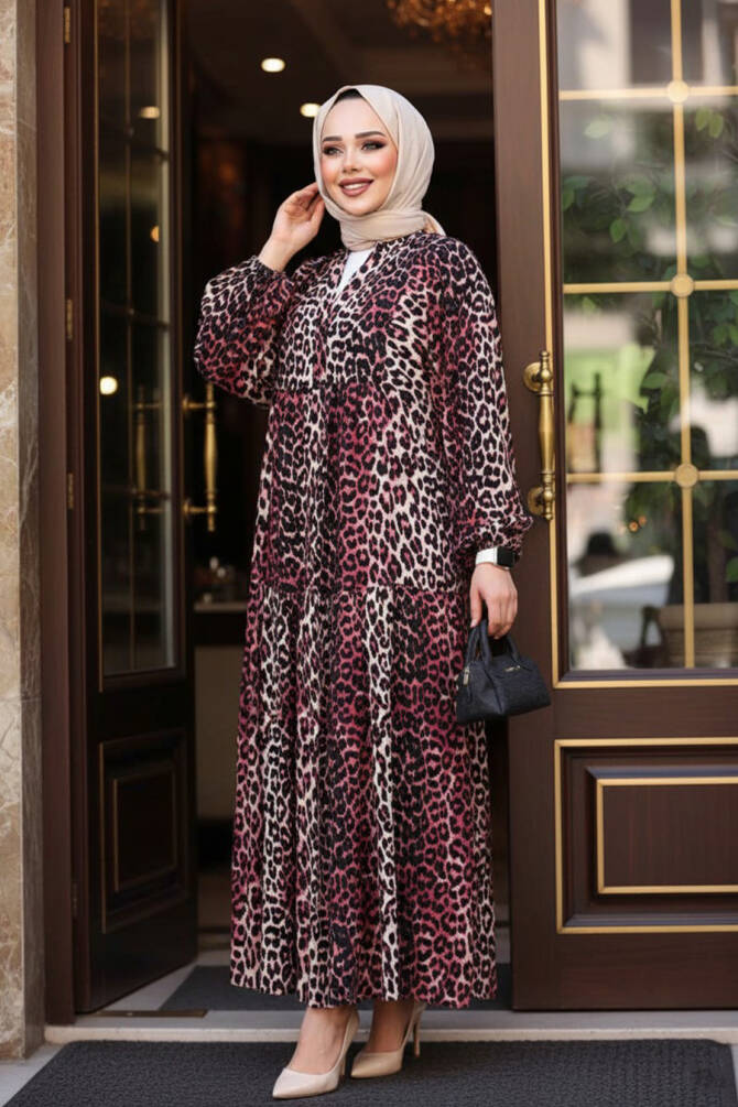 Leopar Desenli Bordo Tesettür Elbise 52942BR - 1
