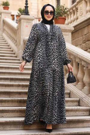 Leopar Desenli Gri Tesettür Elbise 52942GR 