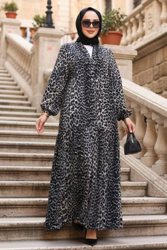 Leopar Desenli Gri Tesettür Elbise 52942GR - 1