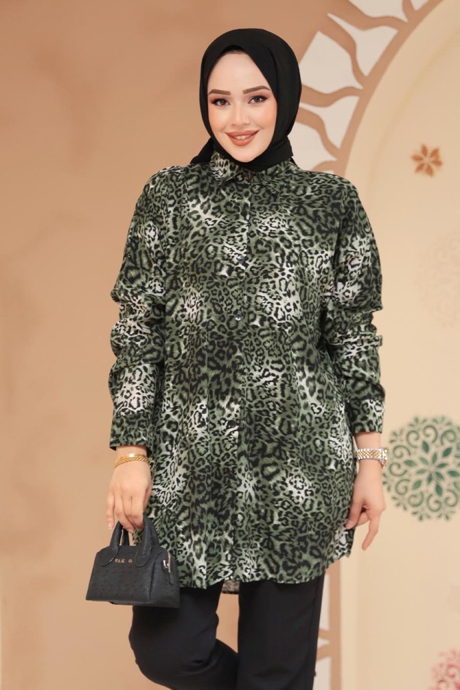 Leopar Desenli Haki Tesettür Tunik 20418HK - 1