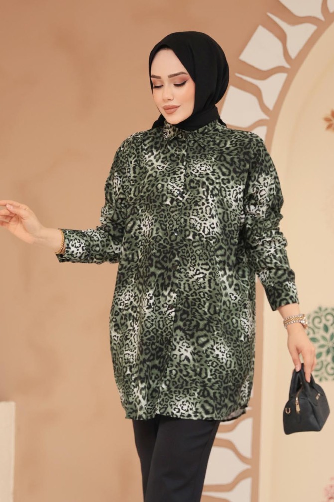 Leopar Desenli Haki Tesettür Tunik 20418HK - 2