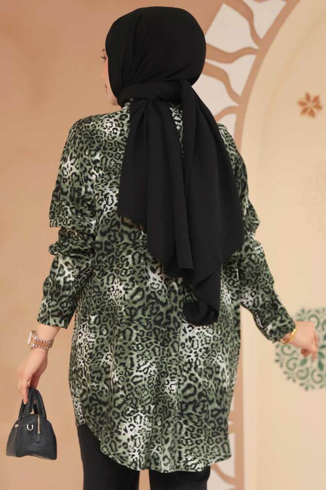 Leopar Desenli Haki Tesettür Tunik 20418HK - 3