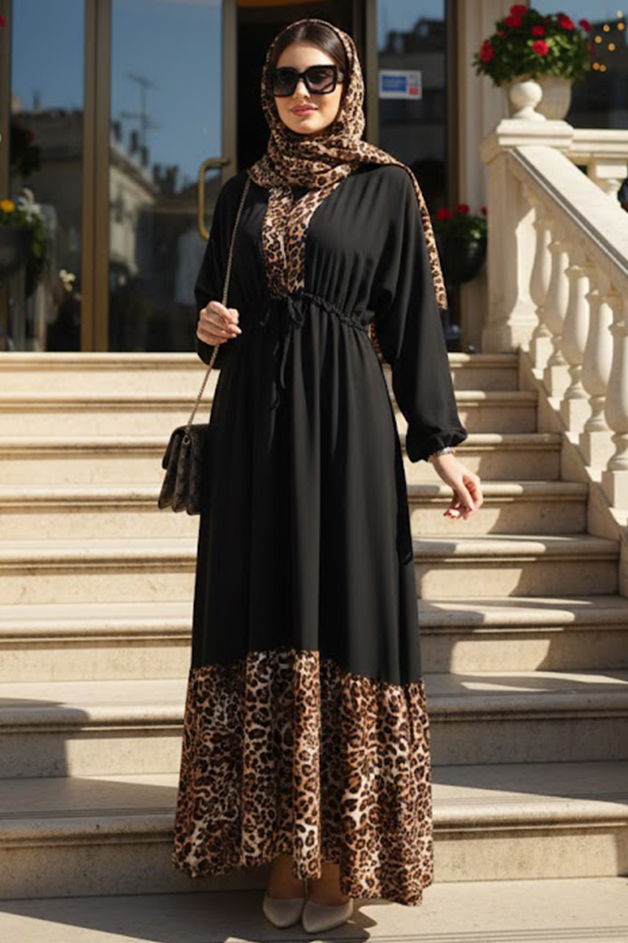 Leopar Desenli Siyah Tesettür Elbise 21352S