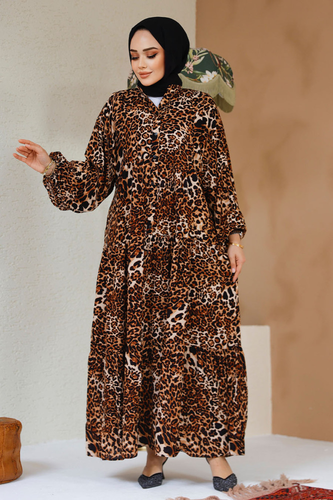 Leopar Desenli Tesettür Elbise 20572LP - 2