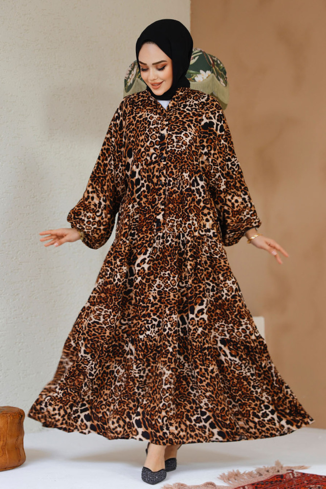 Leopar Desenli Tesettür Elbise 20572LP - 1