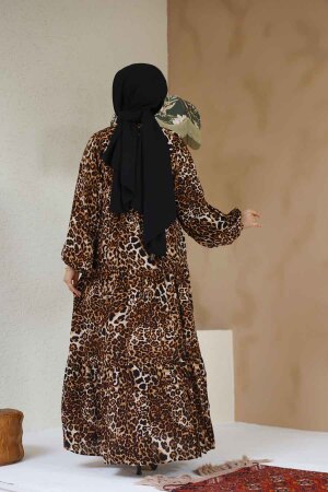 Leopar Desenli Tesettür Elbise 20572LP - 3
