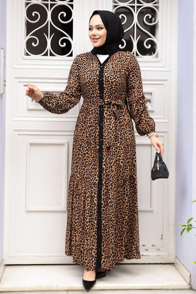 Leopar Desenli Tesettür Elbise 23927LP - 3