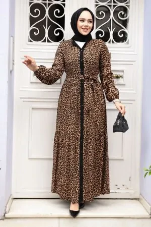 Leopar Desenli Tesettür Elbise 23927LP - 1