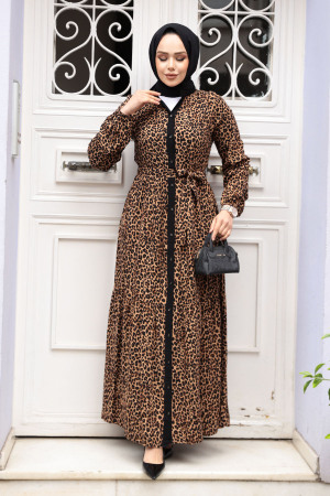 Leopar Desenli Tesettür Elbise 23927LP - 2