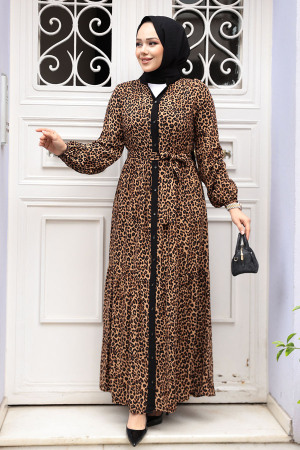 Leopar Desenli Tesettür Elbise 23927LP - 3