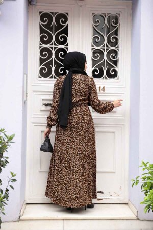 Leopar Desenli Tesettür Elbise 23927LP - 4
