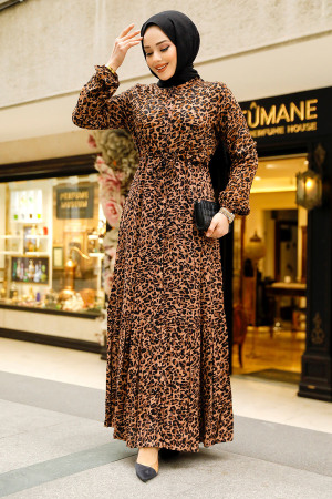 Leopar Desenli Tesettür Elbise 50252LP - 1