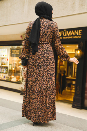 Leopar Desenli Tesettür Elbise 50252LP - 3