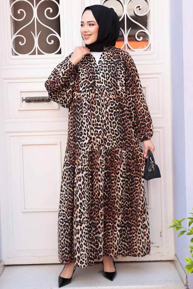 Leopar Desenli Tesettür Elbise 52942LP - 2